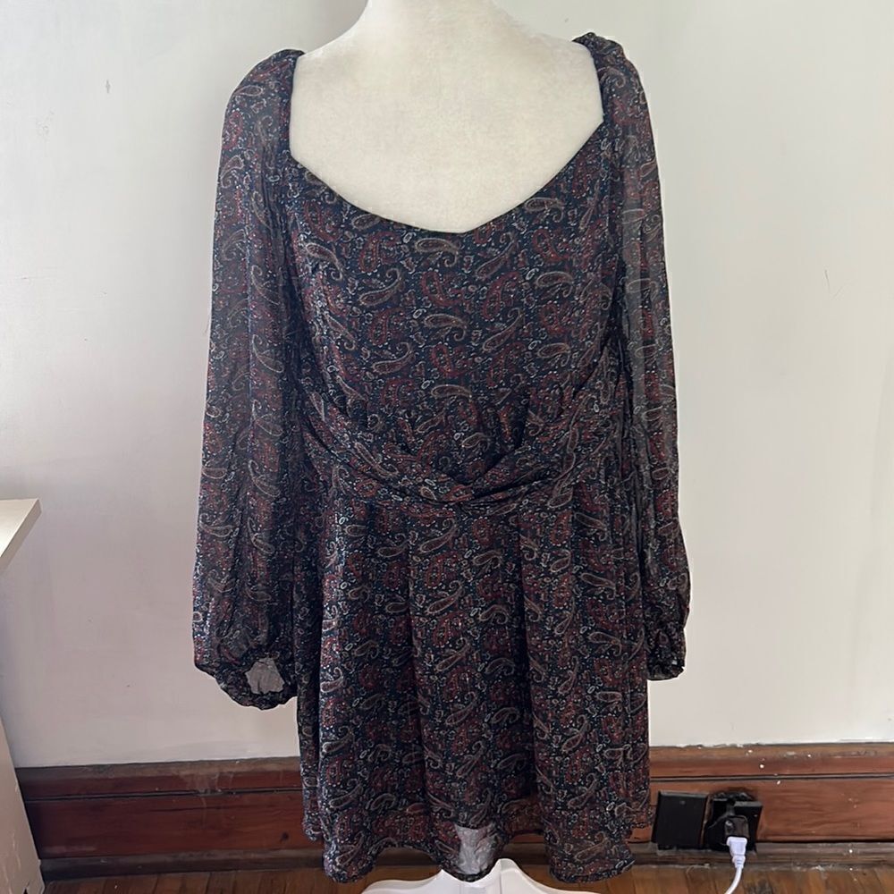 OPT One Pretty Time blue paisley sheer long sleeve dress Size XL New